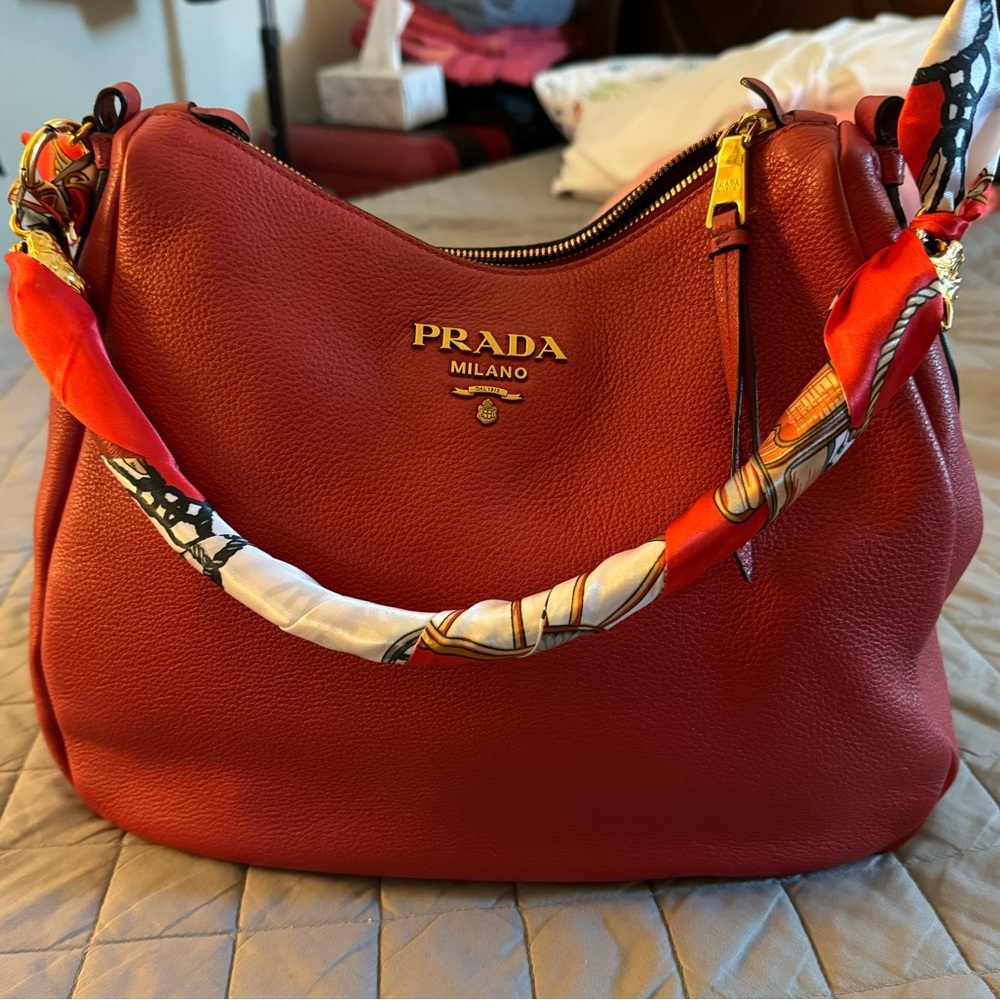 Prada Red Leather Shoulder Bag and crossbody with Gold Hardware